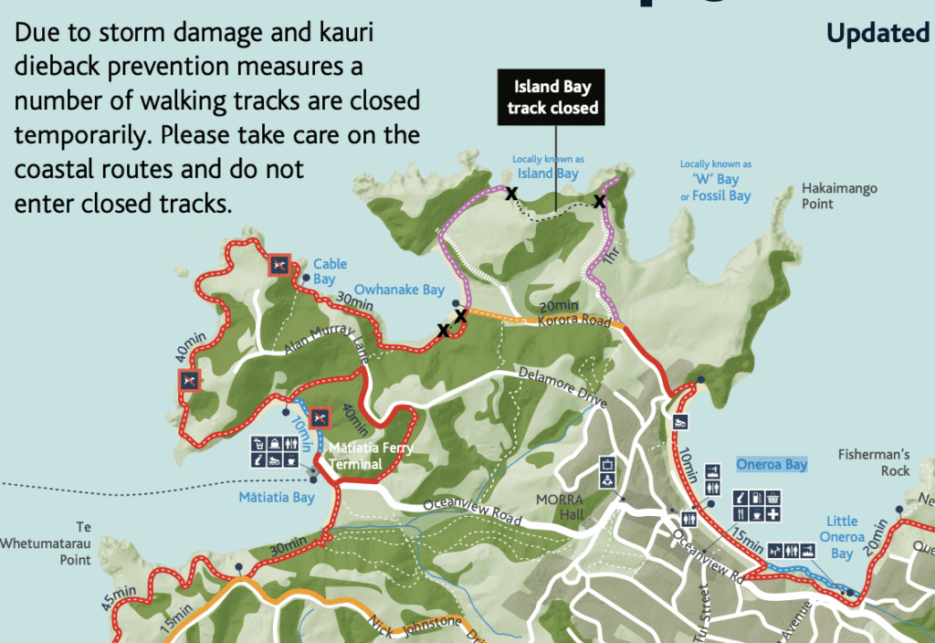 A map of the walking trails on Waiheke Island, New Zealand
